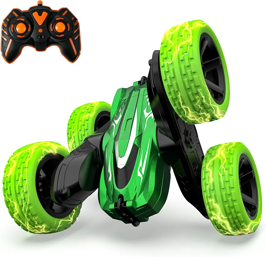 Remote Control Car | 2.4Ghz Mini RC Cars with Rechargeable Battery, 360° Flips Rotating Double Side Stunt Car | Electric Toy Cars for Kids | Birthday Gift for Boys & Girls-Green