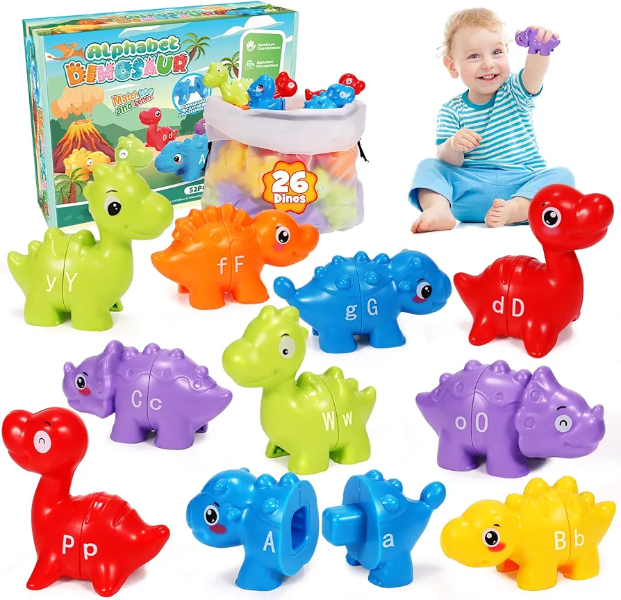 Learning Toys for Toddlers 2-4 Years, Dinosaur Alphabet Matching Letter Game 52 PCS Preschool Learning Activities Birthday Easter Gifts Fine Motor Educational Toys for 2 3 4 Year Old Boy Girl