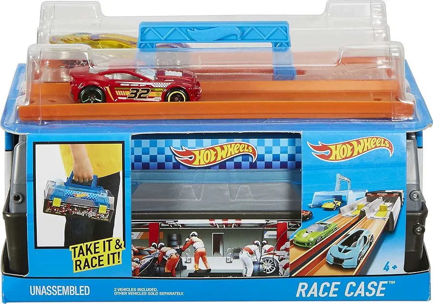 Hot Wheels Toy Cars & Track Set, Race Case Playset with 2 Vehicles in 1:64 Scale, Dual Launcher for Side-By-Side Racing & Portable Storage Container