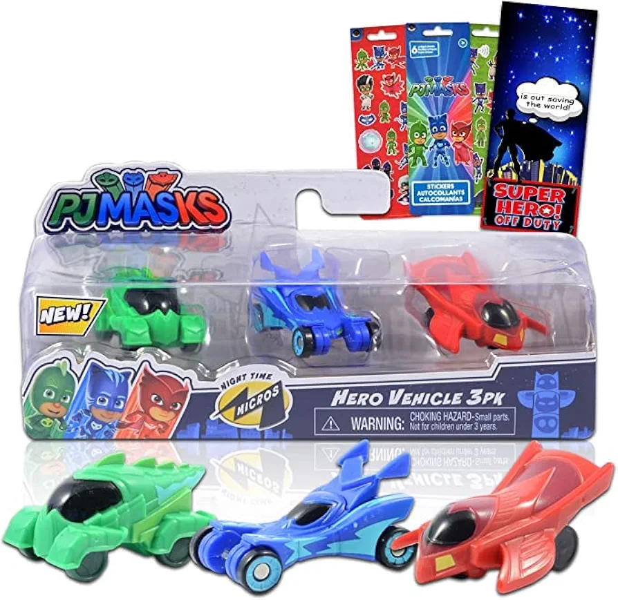 Disney PJ Masks Toy Cars - 3 Pk Bundle with PJ Masks Cars Toy Set, PJ Masks Stickers, Door Hanger | PJ Masks Cars and Figures for Kids Toddlers Boys Girls