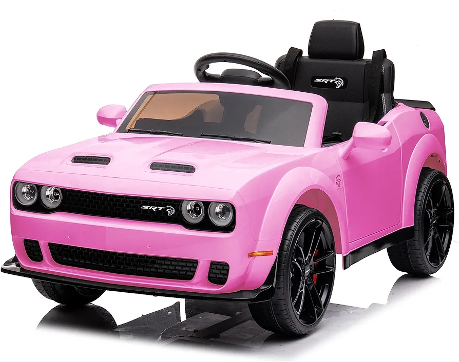 Best Ride On Cars Dodge Challenger, Kids Electric Car 12v Battery Powered Electric Vehicle, Kids Ride-On Toy with LED Lights, Radio, Bluetooth, Remote Control, Pink