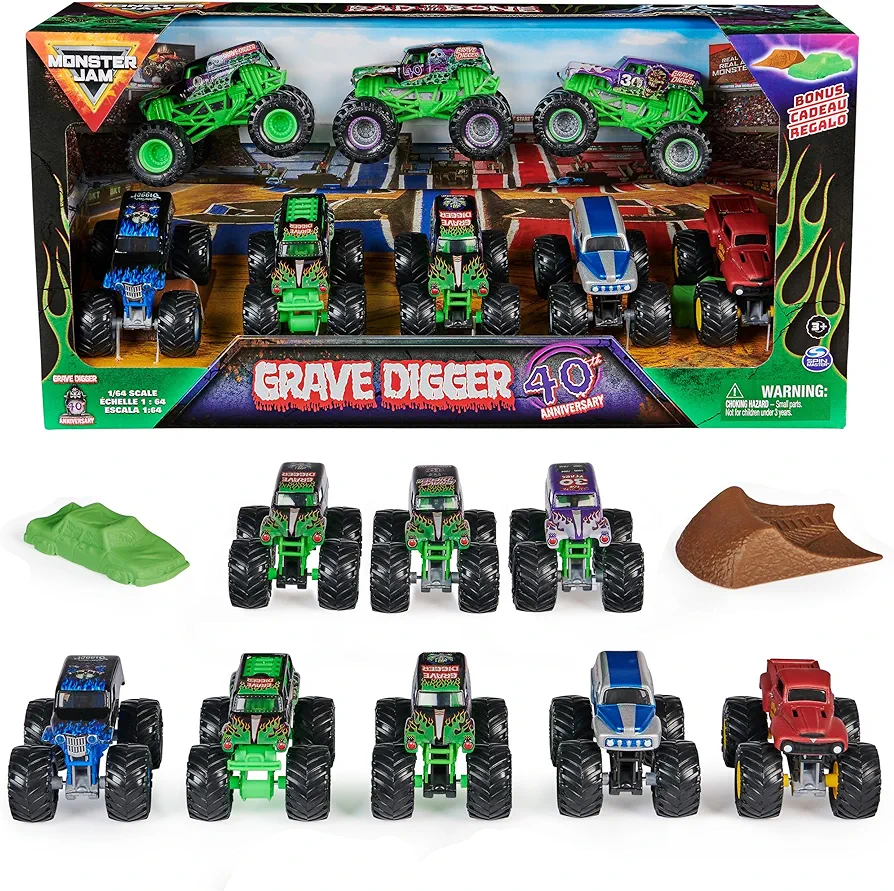 Monster Jam, Grave Digger 40th Anniversary 8-Pack Monster Trucks with Bonus Accessories, 1:64 Scale, Kids Toys for Boys and Girls 3 and up