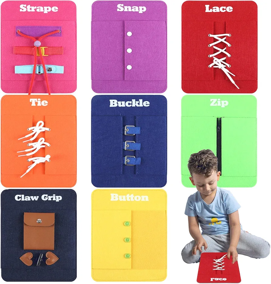 Toddlers Montessori Busy Board for Kids Early Learning Basic Life Busy Board - Fine Motor Skill Toys - Zip, Snap, Button, Buckle, Lace, Tie, Strape and Claw Grip Practice Teacher Preschool Classroom