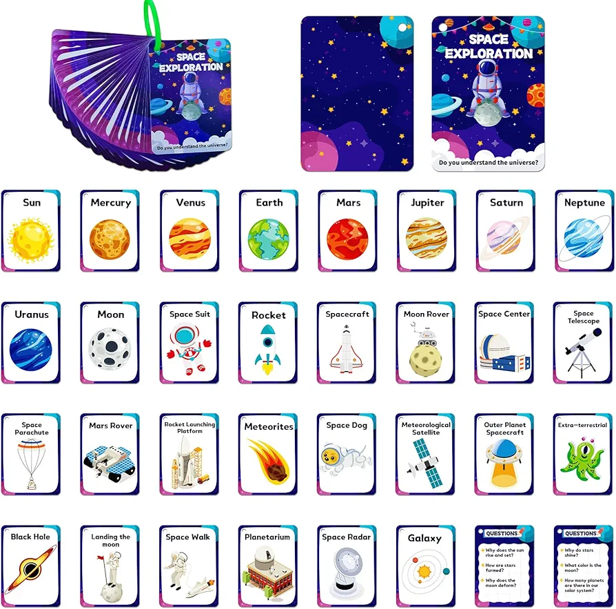 34PCS Outer Space Cognitive Flash Cards,Cognitive Pictures Flashcards for Space Exploration, Waterproof Space Learning Flash Card for 3+ Years