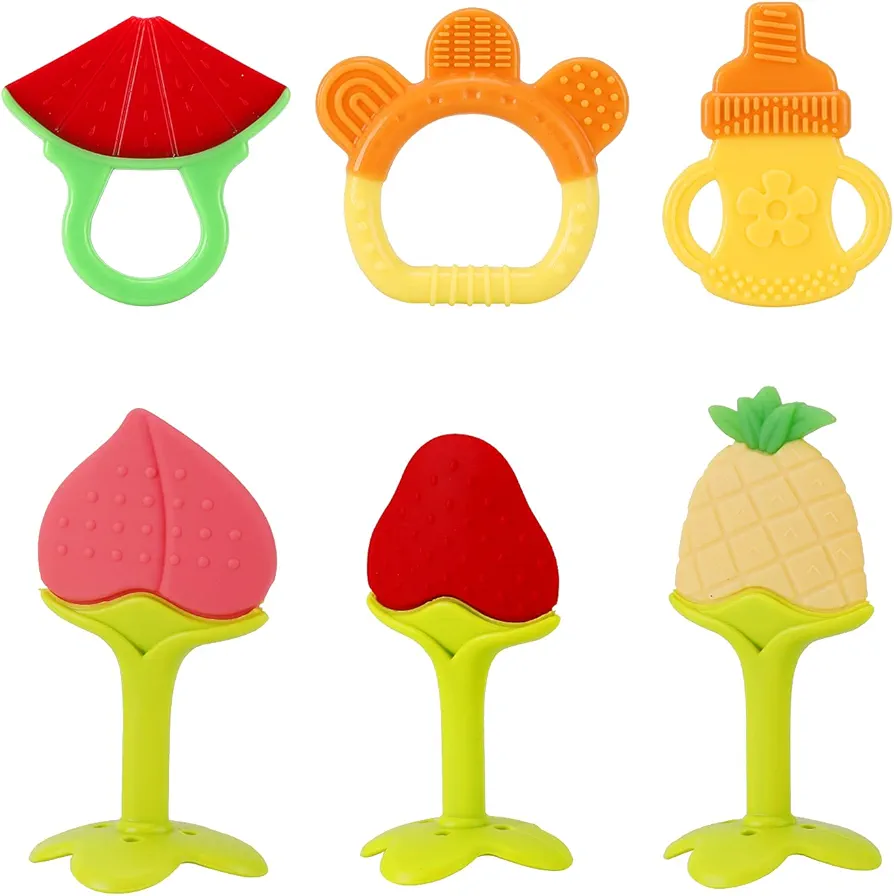 NASHRIO Baby Teething Toys Pack of 6 - Silicone BPA Free Natural Organic Freezer Safe Teethers for Newborn Infant, Soft & Textured - Babies Shower Gift