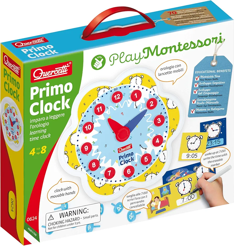 Quercetti Play Montessori Toys Primo Teaching Clock - Educational Toy Helps Kids Learn to Tell Time, Includes 18 Double-Sided Dry-Erase Cards and Marker, for Ages 4-8 Years