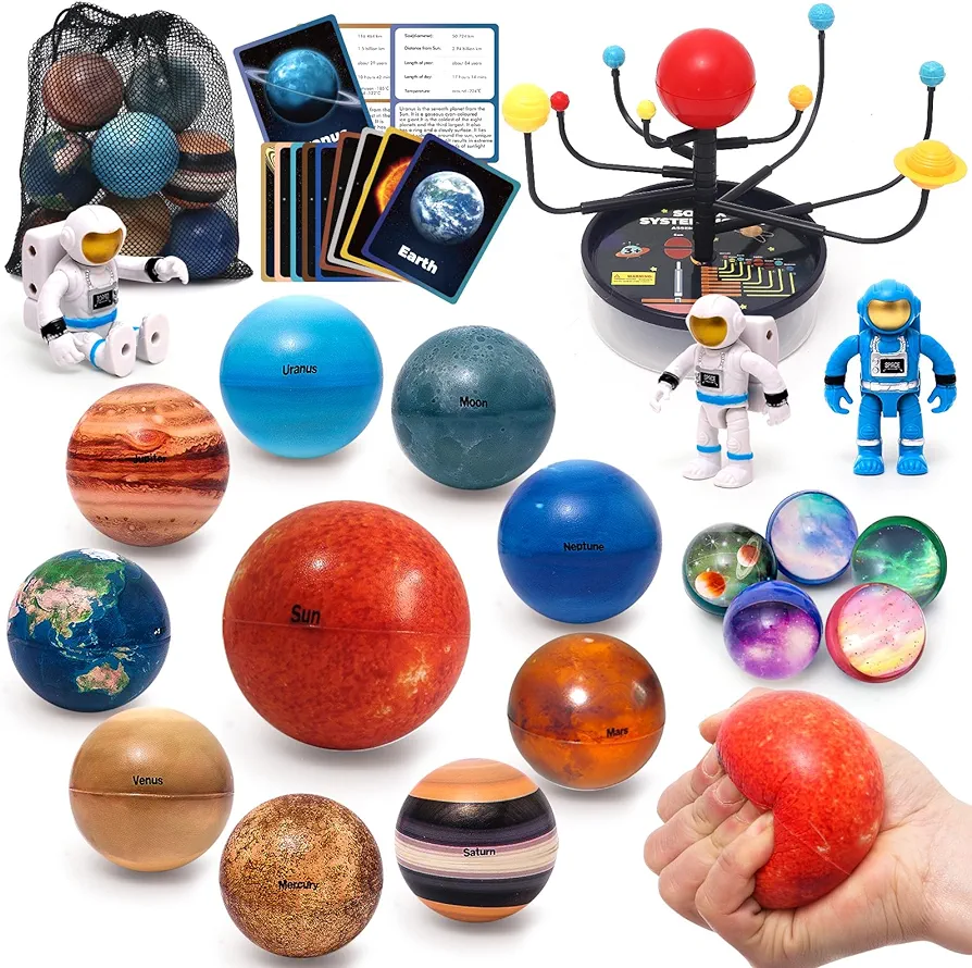 Planets for Kids Solar System Toys Space Planet Balls Sun Stress Ball Astronauts Planet Flash Card Educational Montessori Toys Space Sensory Toys STEM Kits Christmas Birthday Gift for Kids Ages 3-8