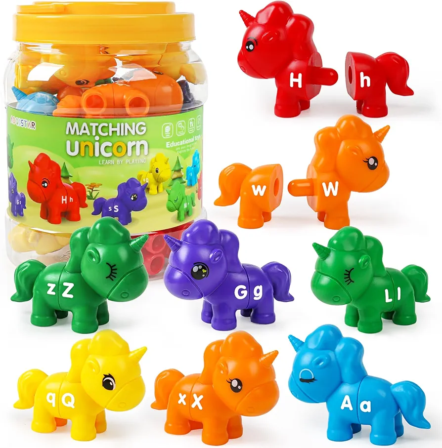 ABC Letters Matching Unicorn Toy Double-Sided Uppercase & Lowercase Alphabet Learning Toys Montessori Sorting Game Preschool Educational Game Set Fine Motor Skill Gifts For Toddlers 3 4 5 Years Old