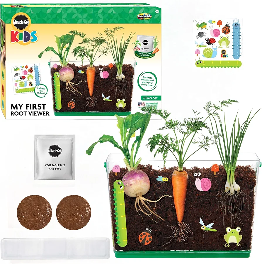 Miracle GRO My First Root Viewer- Decorate & Plant Your Own Garden - Stem Kit for Kids - Soil & Vegetable Seeds Included - Science Educational Teens Kids Gardening Set Age 6+, Multicolor