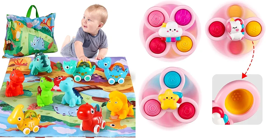 ALASOU 9 PCS Dinosaur Car Toys with Playmat and 3 PCS Suction Cup Spinner Toys for Infant and Toddlers