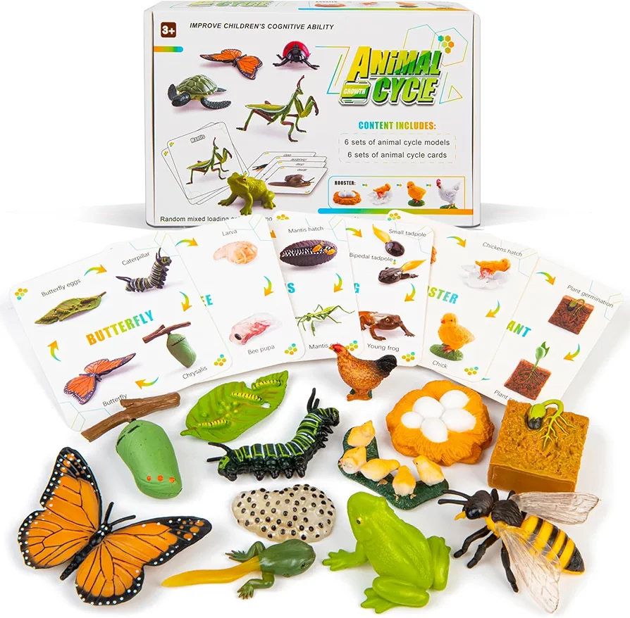 Life Cycle Learning & Education, Montessori Toys 25 Pieces Animal Figurines for Frog, Butterfly, Chicken, Mantis, Bee, Plants, Stocking Stuffers Toddler Preschool Science Learning for Age 3+ Years Old