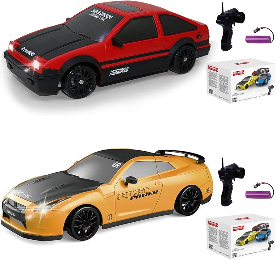 2PCS RC Drift Car 2.4GHz 1:24 Scale 4WD High Speed Remote Control Cars Vehicle with LED Lights Batteries and Drifting Tires Racing Sport Toy Cars for Adults Boys Girls Kids Gift