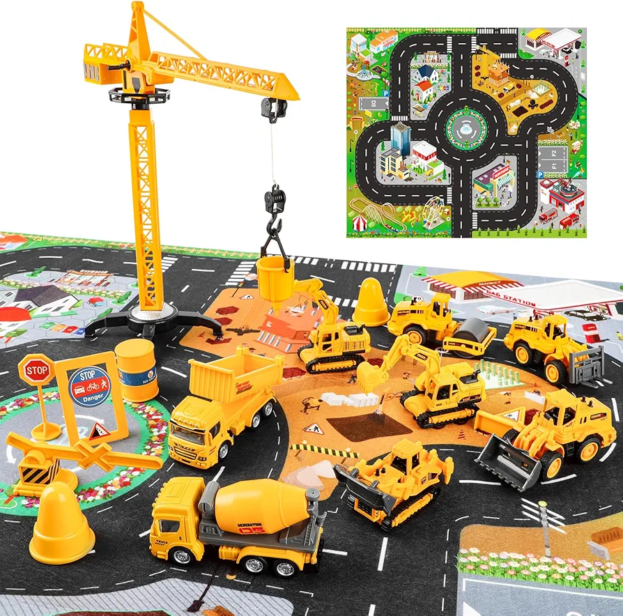 deAO Die Cast Construction Toy Trucks Set with Play Mat, 8 Construction Vehicles with Road Signs Crane, Bulldozers Excavator Cement Dump Digger Toys, Toddler Boys Toys for Kids Age 3 4 5 6 Birthday