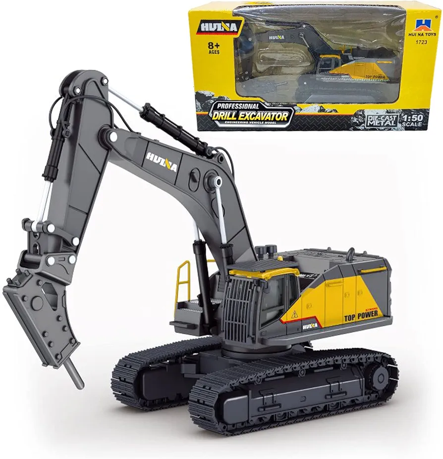 Gemini&Genius Drill Excavator Toy for Kids, 1:50 Scale Impact Hammer Excavator Construction Vehicle Toy, Demolition Machine-Tracked Driller, Engineering Car Great Toys and Gifts (Yellow)