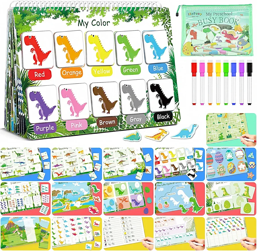 Montessori Busy Book for Toddlers 1-3, Preschool Learning Activities Book, Newest Dinosaur Themes Busy Book for Kids Toys Ages 3-5, Kindergarten Preschool Workbook for Kids Boys Girls