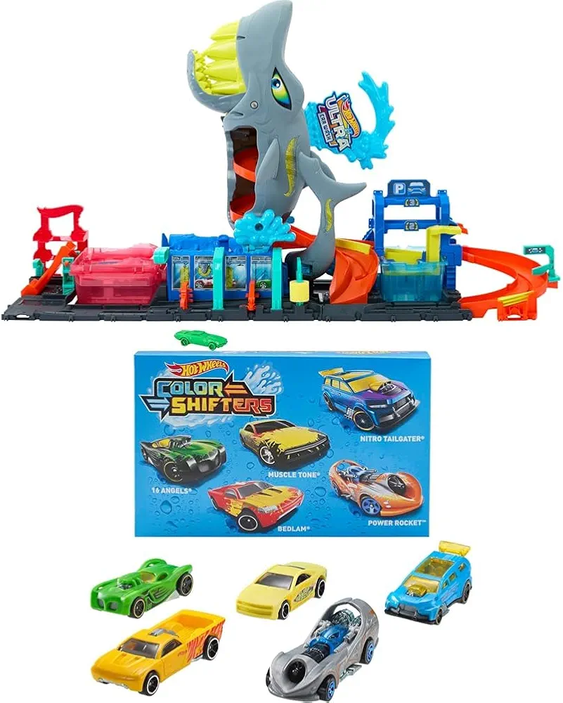 Bundle of Hot Wheels City Ultra Shark Car Wash, Color Reveal Toy Vehicle, Storage + Hot Wheels Color Shifters 5-Pack, Set of 5 Vehicles That Change Color in Water (Styles May Vary) (Amazon Exclusive)