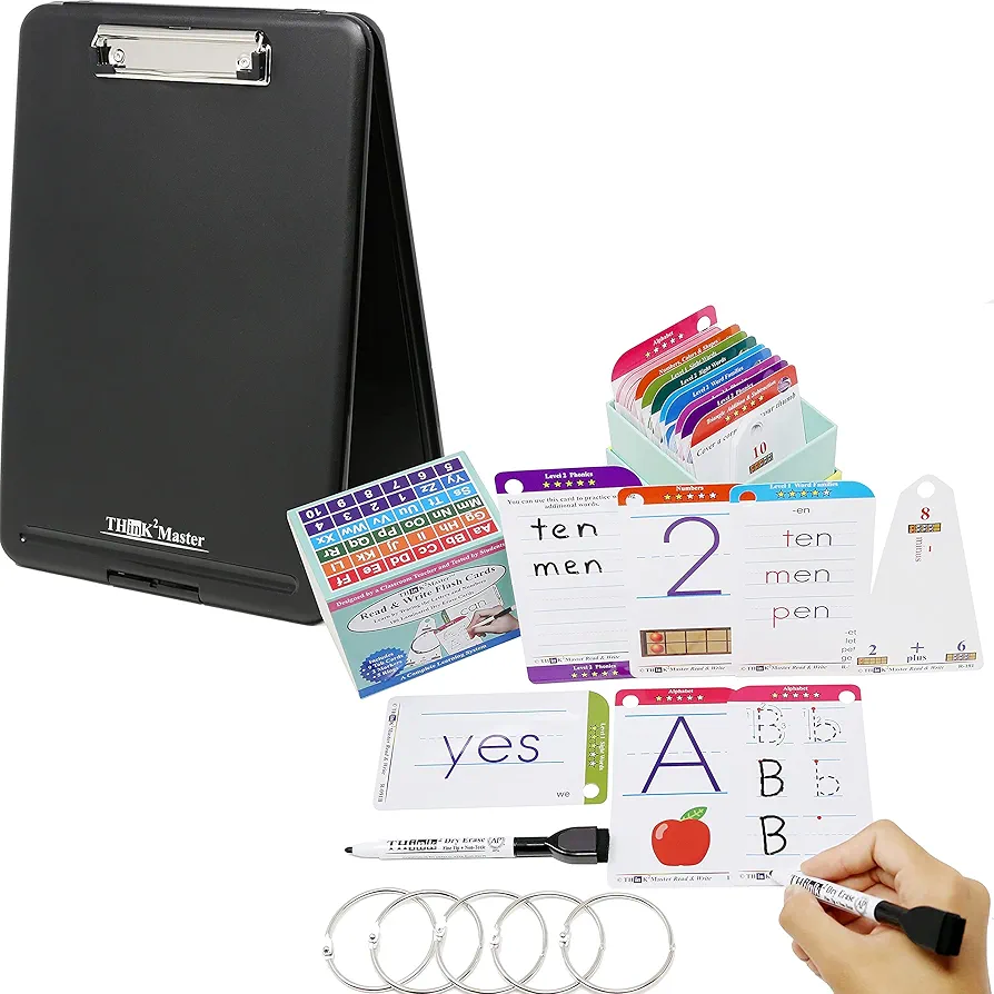 Think2Master Premium 186 Laminated Alphabet, Sight Words, Phonics Flash Cards & Black Plastic Storage Clipboard for PreK & Kindergarten. Learn to read, write, count, add & subtract numbers.