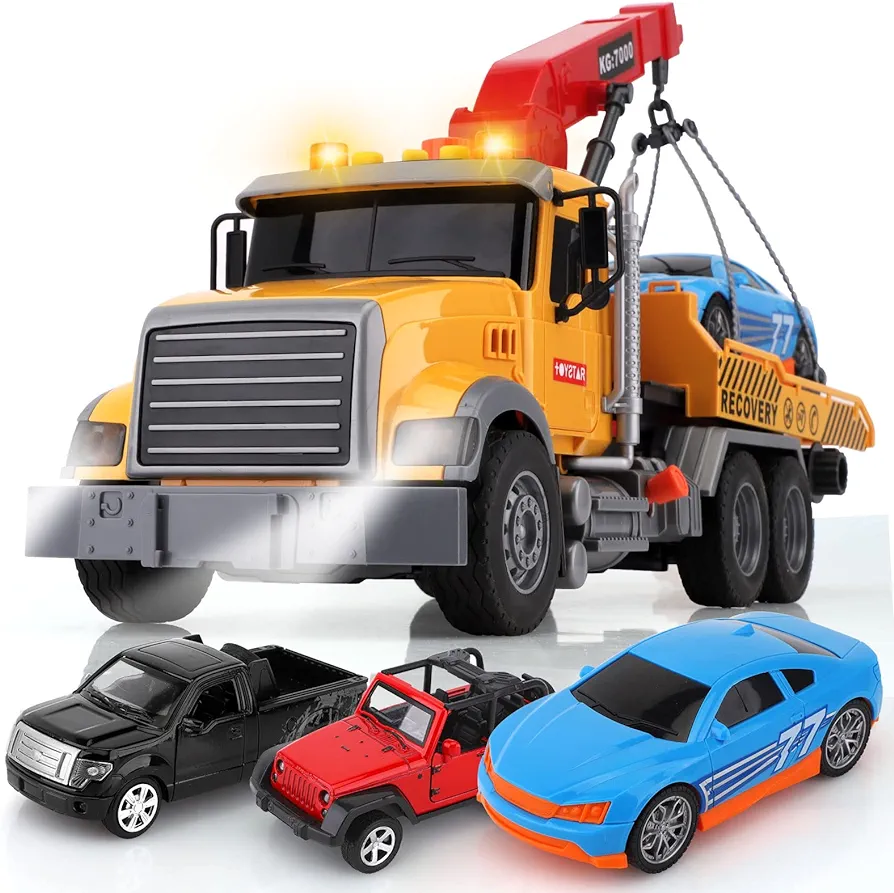 15" Big Truck Toys Set,Include Tow Truck,Racing Car,Metal Off-road Car,Metal Pickup Truck,Traffic Signs,Toy Truck with Hook,Sound and Lights for Boys & Girls Christmas and Birthday Gift