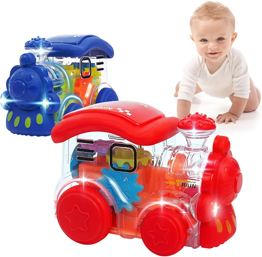 2PCS Transparent Sensory Train Toys for Kids, Light Up Train Car Toys for Toddlers 1-3 with Colorful Moving Gears Fun Educational Toy for Kids, Great First Birthday Gift for Boys Girls