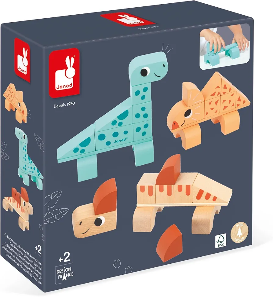 Janod Dino - 31 Piece Wood Dinosaur Stacking Blocks - Assemble 3 Cute Dinos - Ages 2-5 Years - J05833