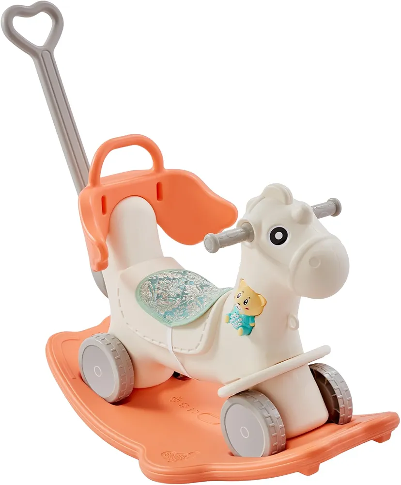 VEVOR 4 in 1 Rocking Horse for Toddlers 1-3 Years, Baby Rocking Horse with Detachable Balance Board, Push Handle and 4 Smooth Wheels, Support up to HDPE 80 lbs Kids Ride on Toy with Sound, Orange