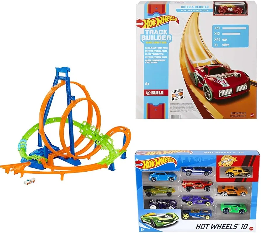 Bundle of Hot Wheels Epic Crash Dash with 1:64 Scale Car & 5 Crash Zones, Motorized Booster + Track Pack, 40-ft of Track (Amazon Exclusive) +10 Toy Cars & Trucks in 1:64 Scale (Styles May Vary)