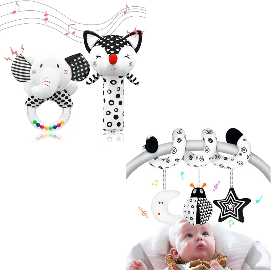 XIXILAND Baby Rattles 0-6 Months Black and White Baby Toys 0-3 Months & Car Seat Toys High Contrast Infant Toys, Newborn Sensory Infant Toys for 0-18 Months