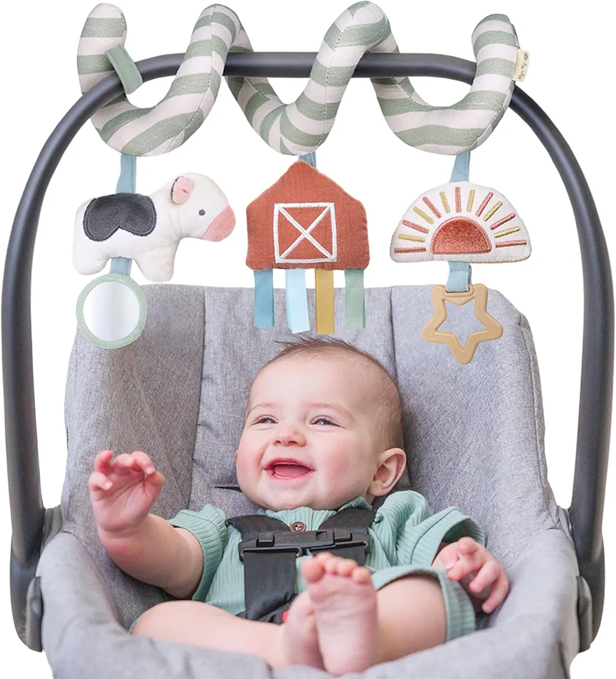 Itzy Ritzy Spiral Car Seat & Stroller Activity Toy - Stroller & Car Seat Toys for Ages 0 Months and Up - Hanging Toys Include Dangling Ring, Mirror and Textured Ribbons (Farm)