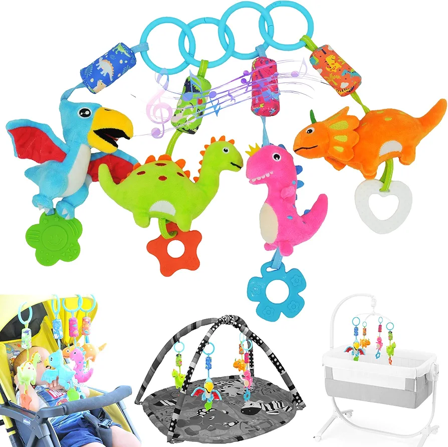 Baby Toys for 0 3 6 9 12 Months, Soft Rattle Wind Chime Car Seat Crib Stroller Toys, Dinosaur Baby Hanging Toys Birthday for Baby Boys and Girls