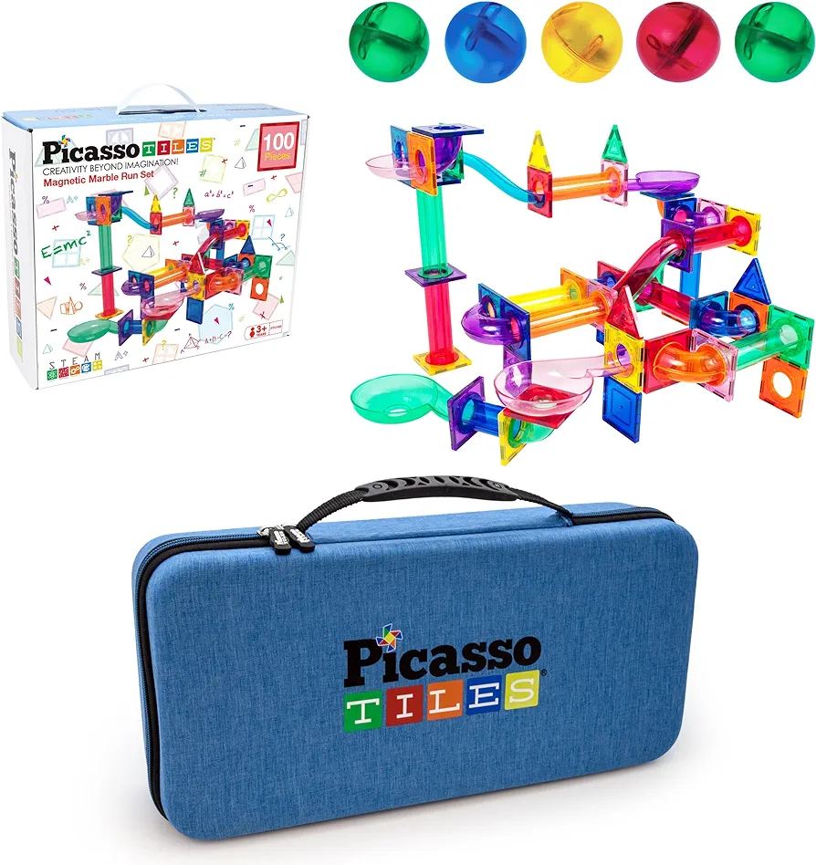 PicassoTiles 100PC Marble Run Race Track + Carry Case Bundle: STEAM Educational Playset for Kids Includes Travel Storage Organizer - Fun Learning Construction Toy, Creative Design, Sensory Development