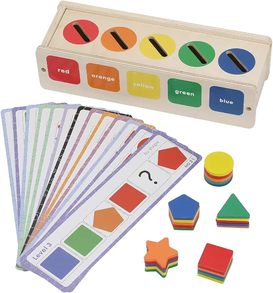 Wooden Montessori Toys for Toddlers - Color Sorting & Stacking Toy Includes 25 Wooden Building Blocks of 5 Different Shapes & Colors to Improve Color Recognition, Hand Eye Coordination, & Motor Skills