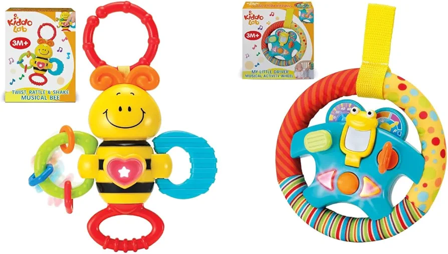 KiddoLab Ultimate Baby Playset: Interactive Twist & Rattle Bee + Adventure-Ready Steering Wheel - Engaging Musical Toys for On-The-Go or At-Home Play, Ages 3 Months and Up.