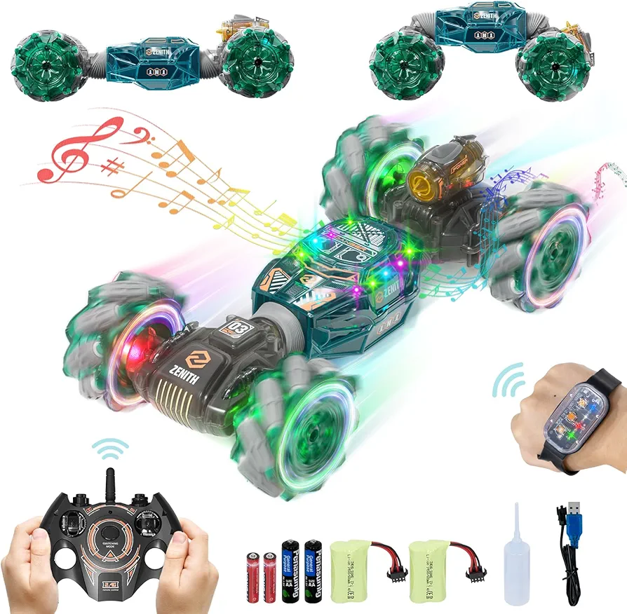 28℃ RC Cars Gesture Sensing RC Stunt Cars, 2.4GHz 4WD Remote Control Car Toys for Boys Girls Age 6-12 yr, Twist Cars Off Road 360° Rotation with Lights Music Best Birthday Gifts for Boys Kids Green