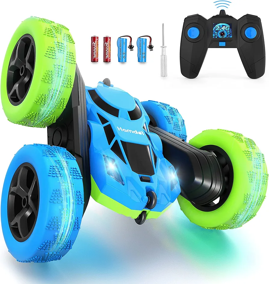 Remote Control Car for 6-12 Year Old Double Sided 360°Rotating 4WD RC Cars with Headlights 2.4GHz Electric Rechargeable Race Stunt Toy Car for Boys Girls Birthday (Blue&Green)