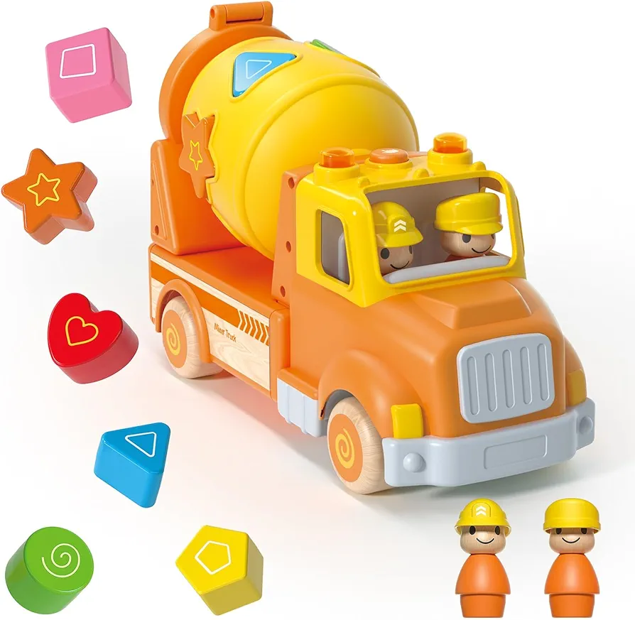 Construction Car Toys For Kids, Cement Mixer Truck with Sound and Light, Shape Sorter Learning & Education Preschool Vehicle for 18M+ 2 3 4 5 Years Old Boy Christmas Birthday Gift (Wooden+Plastics)