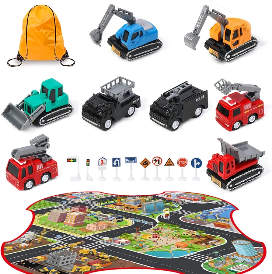 Meland Construction Toy Trucks - 8 Mini Boys Car Toys with Police Cars, Fire Rescue Cars, Playmat & Road Signs, Toddler Car Toys for Boys Age 3,4,5,6 Year Old Birthday Christmas