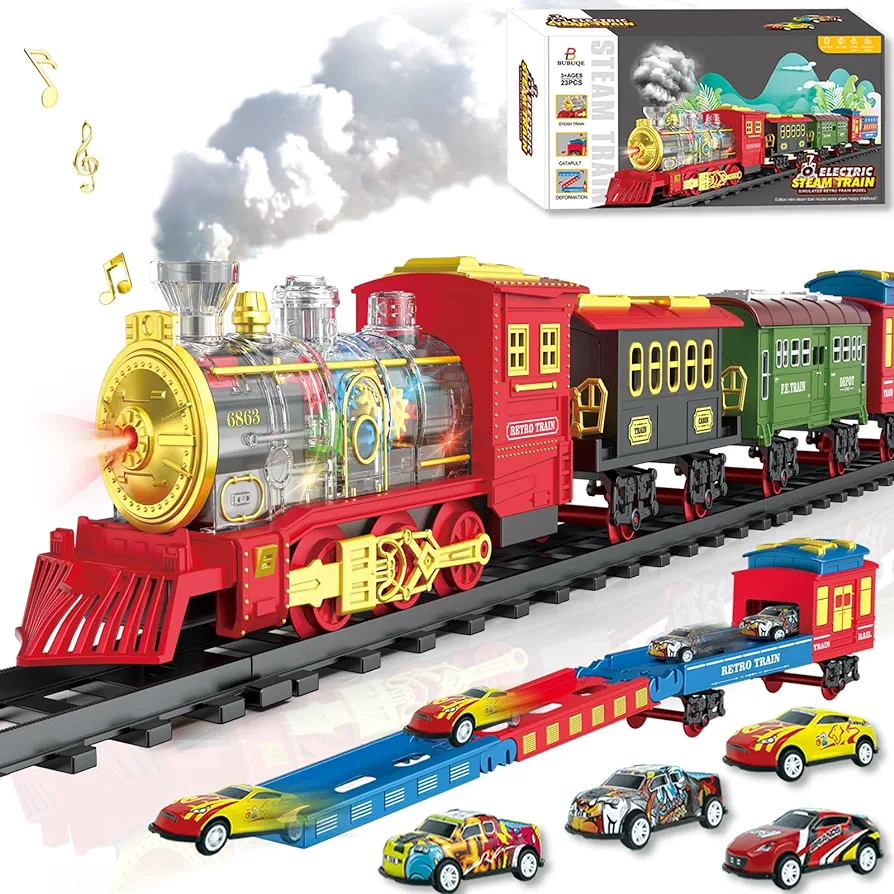 Electric Train Set Train Toys with Lights & Sound, Toy Train Steam Locomotive with Cargo Cars & Tracks, Rechargeable Battery Toddler Model Train Set for 3 4 5 6 7 8+ Year Old Boys Kids Birthday Gifts