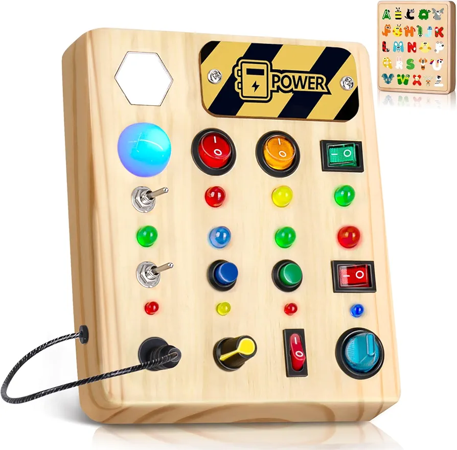 HONGDDY LED Busy Board, Wooden Sensory Toys for Toddler, Montessori Music Toy for Airplane, Travel Activity Educational Learning Toy, Busy Light Switch Autism Toys, Birthday Boys Girls Gifts