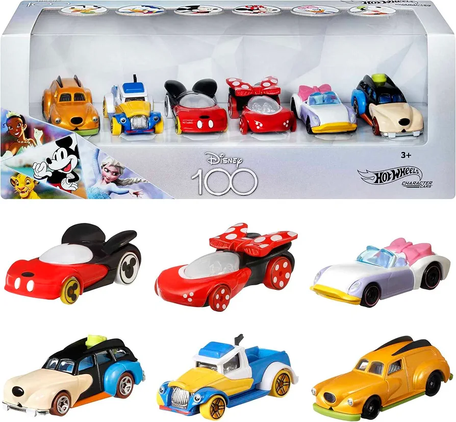 Hot Wheels Mattel Disney Toy Cars 6-Pack, Set of 6 Character Vehicles in Collectable Packaging: Mickey, Minnie, Pluto, Daisy, Donald & Goofy