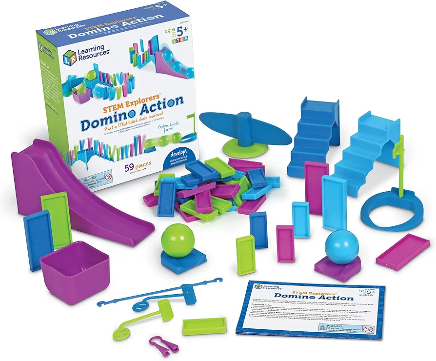 Learning Resources STEM Explorers Domino Action, STEM Toys for Kids, 59 Pieces, Age 5+ Gifts for Boys and Girls, 45 dominos, 10 double-sided challenge cards, obstacle pieces