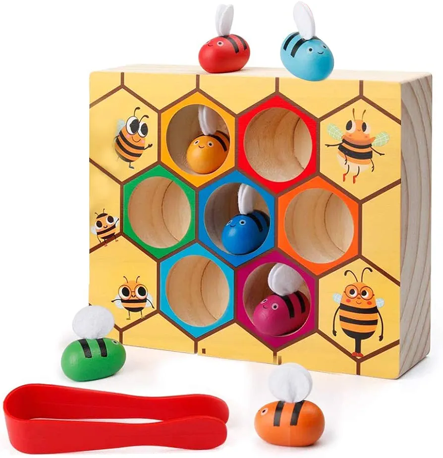 SGVV90 Toddler Fine Motor Skills Toys-Clamp Bee to Hive Matching Game-Wooden Color Sorting Toy for Toddler Montessori Preschool Learning Toys Gift for Children Kids