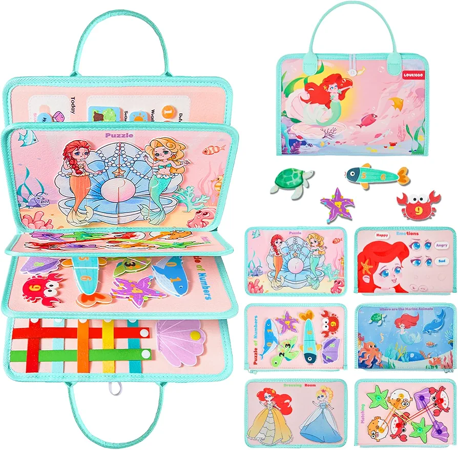 Busy Board, Montessori Toys for 2 3 Year Old Toddlers, Preschool Learning & Educational Toys for Toddlers 1-3, Travel Toys for Car Activities, Gifts for 1 2 3 4 Year Old Girls Boys, Mermaid