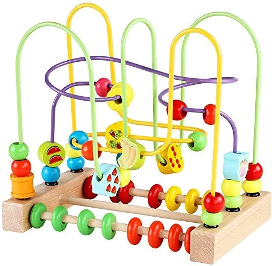 QZMTOY Wooden Toys for Toddlers, Bead Maze Toy for Toddlers with Colorful Animals Fruits Shapes, Educational Counting Learning Circle Toys for Kids, Classic Gifts for Boys Girls Baby