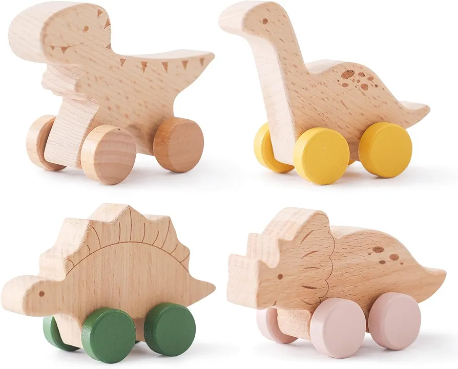 Wooden Toys Cars, Montessori Toys for Babies 0-6-12 Months, Dinosaur Critters Cars for Toddlers 1-3 + Year Old, Boy Girl Nursery Decor Natural Rattle Baby Push Cars (4Pc Dinosaur Car)