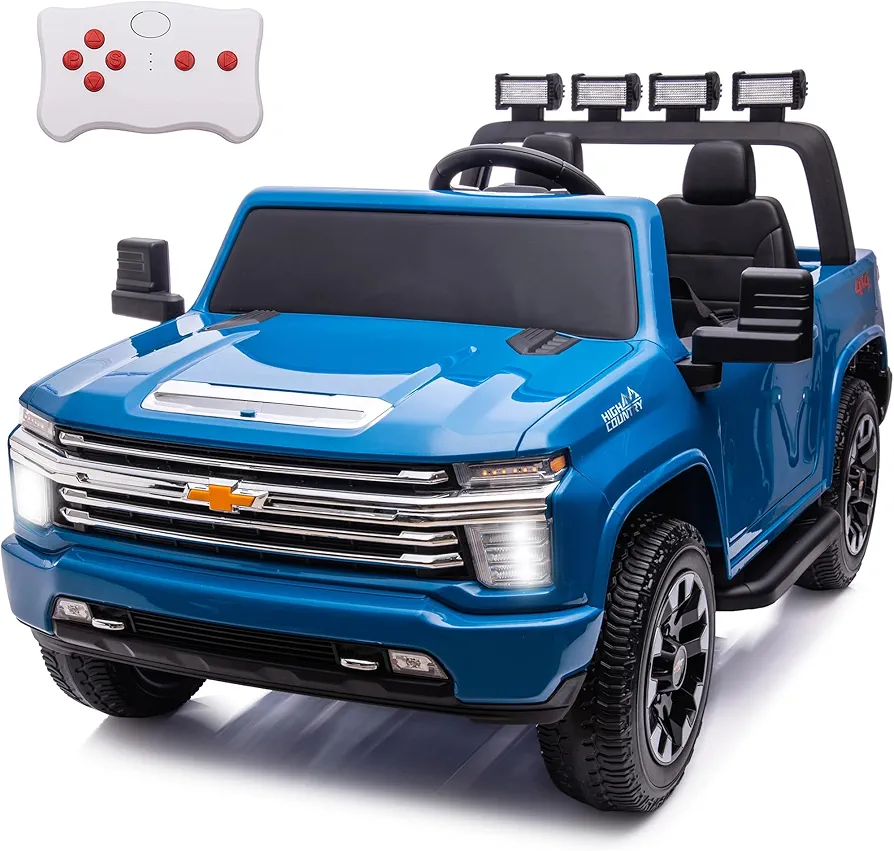 sopbost 24V 2 Seater Ride On Car with Remote Control Licensed Chevrolet Silverado Ride On Truck for Kids Boys Girls - 4x4 High Performance EVA Tires, Music Play (Blue)