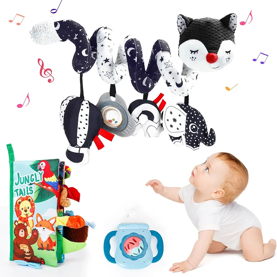 3 Pcs Infant Toys 0-6 Months Kit, Car Seat Toys & Stroller Toys & Black and White Baby Toys, Sensory Crinkle Books for Babies, Baby Teething Toys & Baby Rattle, Newborn Baby Toys Gifts