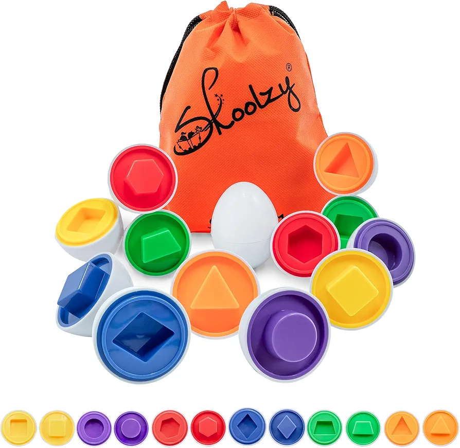 Skoolzy Shapes Matching Egg Toy 6 pc Set, Easter Egg Basket Toys for Toddlers, Montessori Sensory Bin Toy for Preschool Kids & Blind Children Learning Shape Sorting, with Bag & eBook