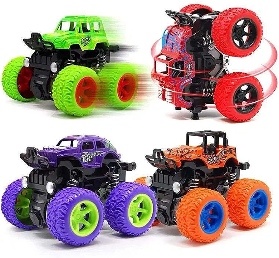 Monster Truck for Boys 3 4 5 6 7 Year Old,4 Pack Push and Go Friction Powered Car Toys, Double-Directions Inertia Pull Back Vehicle Set,Birthday Party Gift for Kids