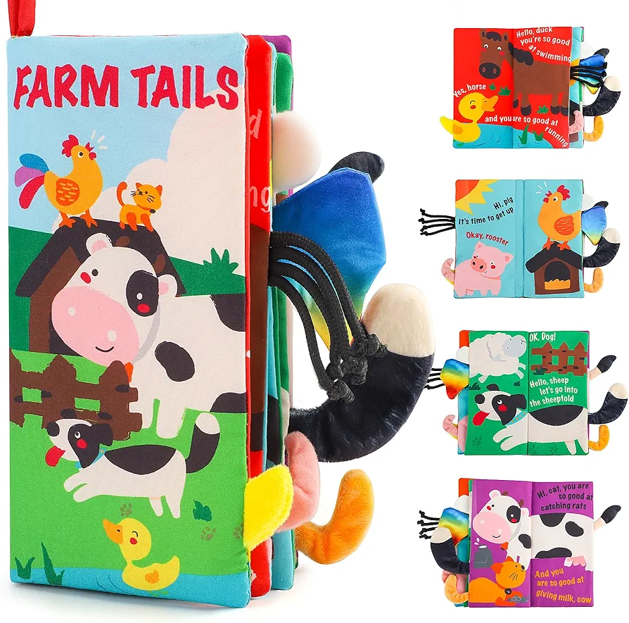 beiens Baby Books Toys, Touch and Feel Crinkle Cloth Books for Babies, Infants & Toddler, Early Development Interactive Car & Stroller Soft Toys for Boys & Girls (Farm Tails-1 Book)