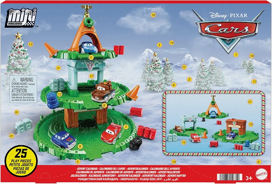 Mattel Disney and Pixar Cars Mini Racers Advent Calendar, 25 Surprises Include 4 Mini Toy Cars & Reconfigurable Playset